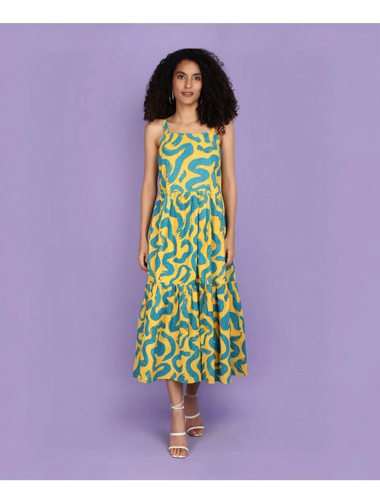 Yellow &amp; Teal Abstract Print Midi Dress