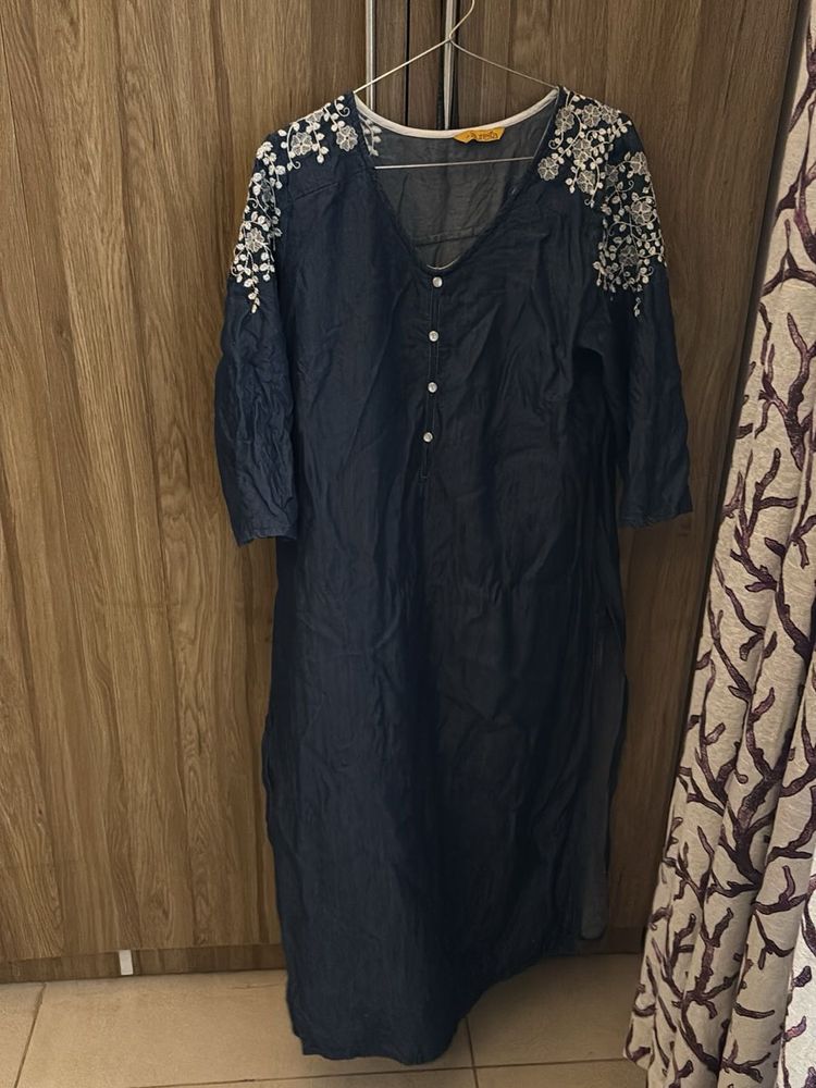 Embroidered Denim Kurta