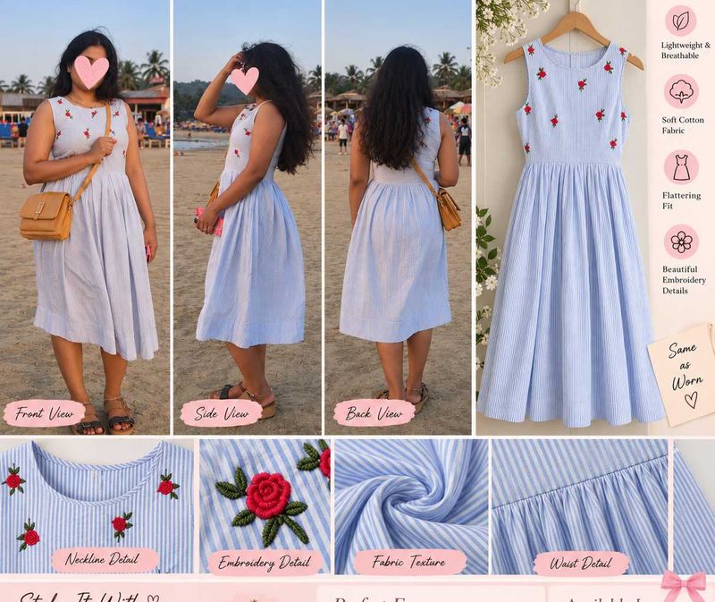 Light Blue Striped Embroidered Midi Dress
