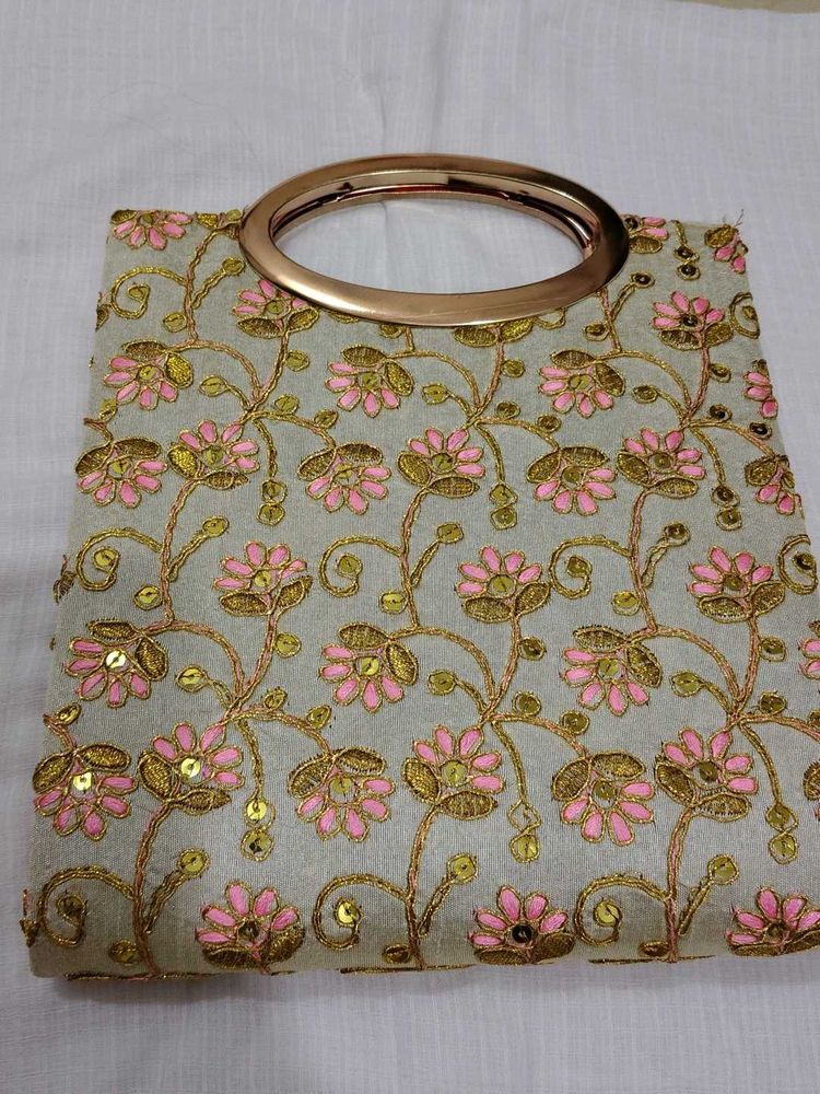 Embroidered Clutch with Metal Handle