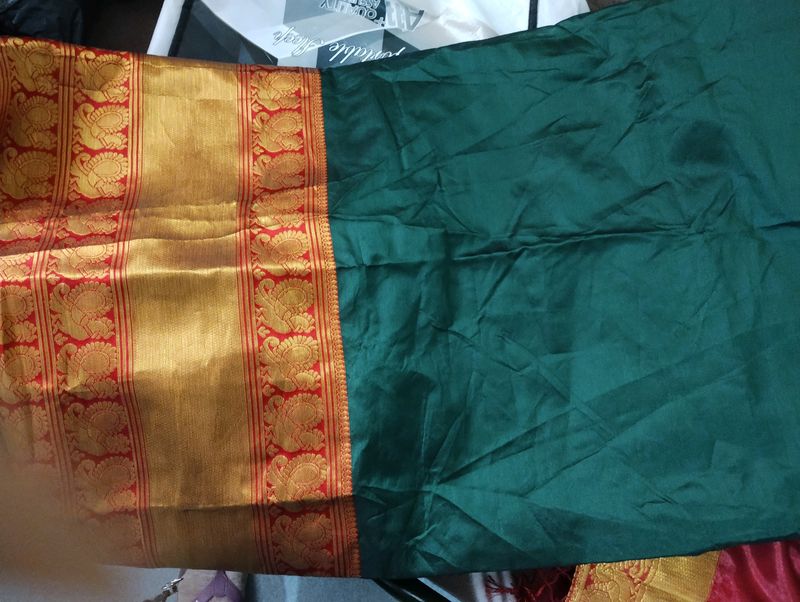 Green and Gold Saree with Red Border