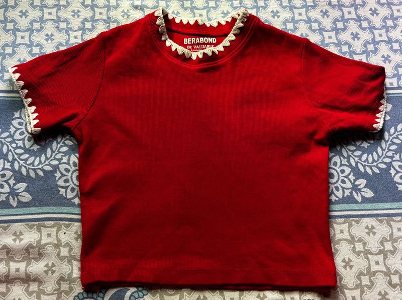 Crop Red T-Shirt with Crochet Trim