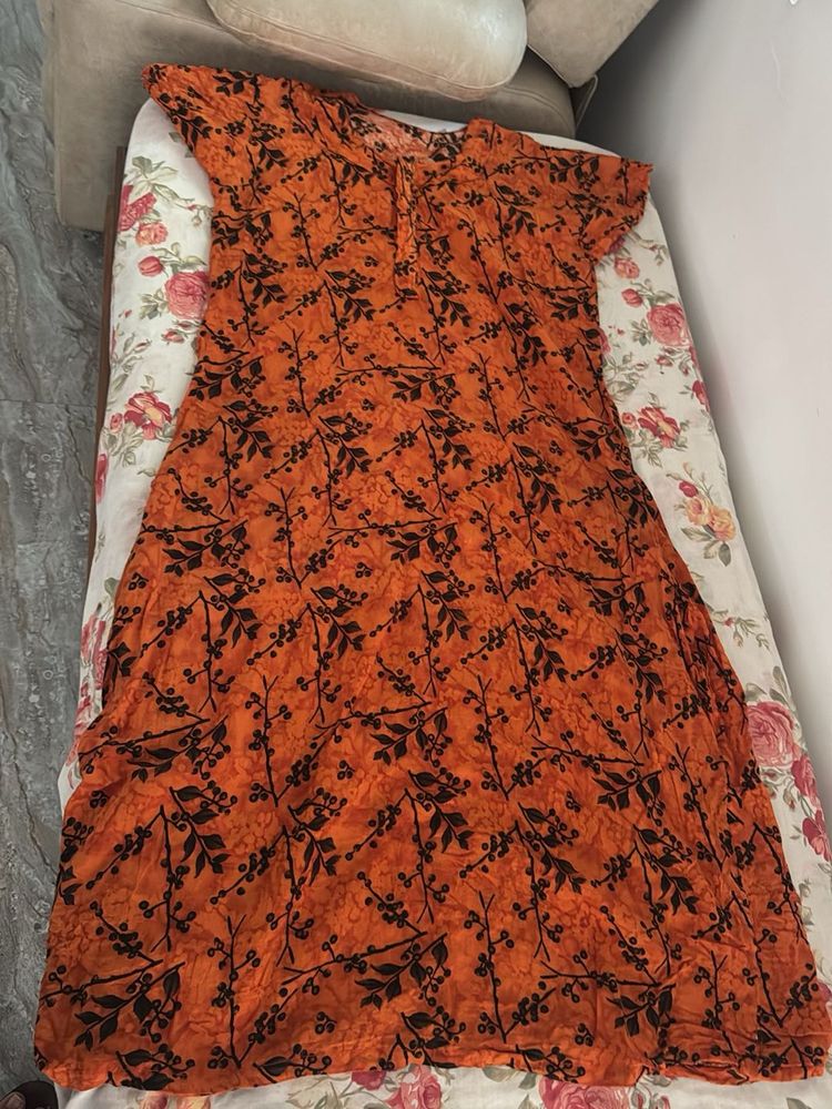 Orange nighty with Black Floral Print