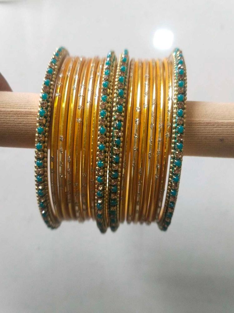 Exquisite Yellow Bangles with Teal Stones
