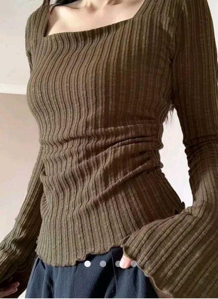 Brown Ribbed Square Neck Long Sleeve Top
