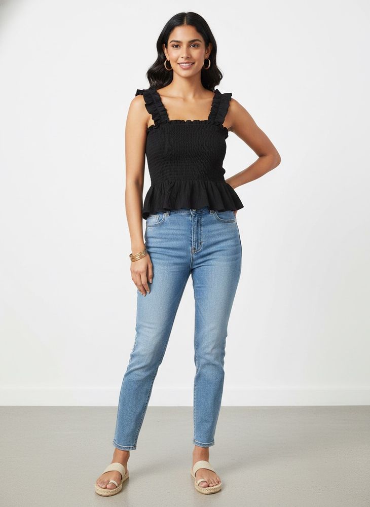 Black Smocked Ruffle Top