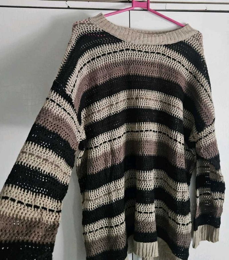Striped Crochet Knit Sweater
