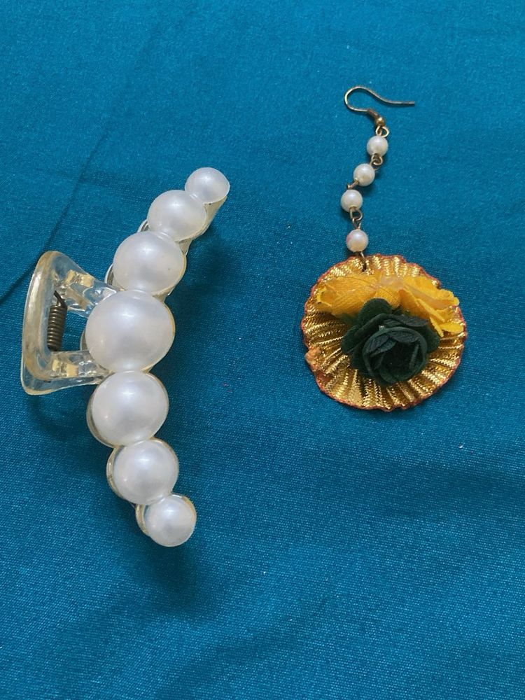 Pearl Hair Claw &amp; Dangle Earring Set