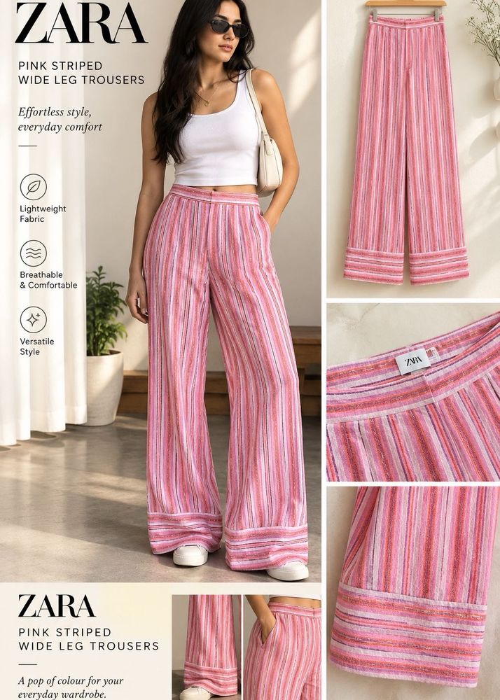 ZARA Pink Striped Wide Leg Trousers