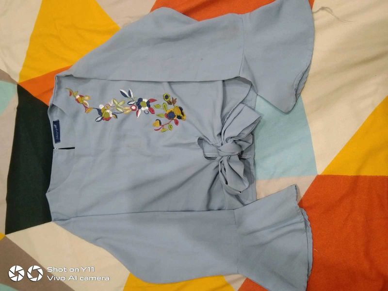 Light Blue Embroidered Bell Sleeve Top