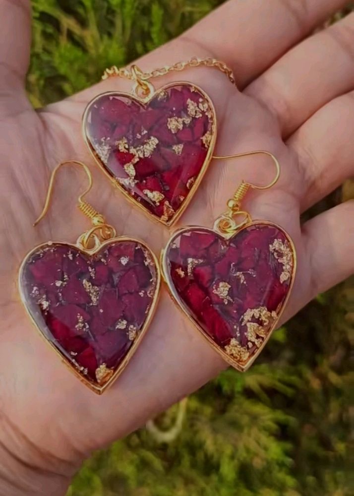 Handmade Rose Petal Heart Necklace &amp; Earrings Set