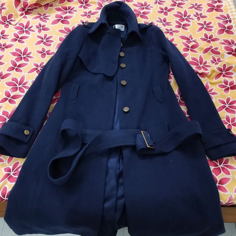 Blue Long Winter Jacket with a belt