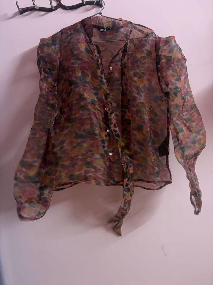 Only Sheer Floral Print Button-Up Blouse