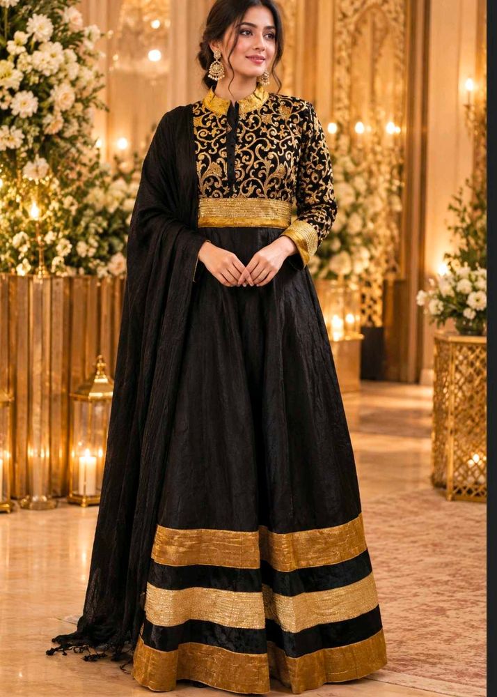 Elegant Black &amp; Gold Anarkali Gown