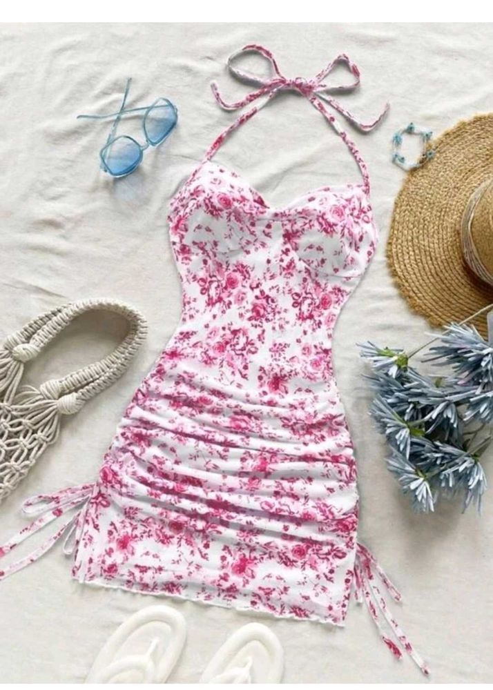 Floral Ruched Halter Dress
