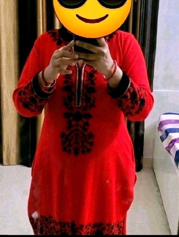 Vibrant Red Woollen Kurta with Black Embroidery