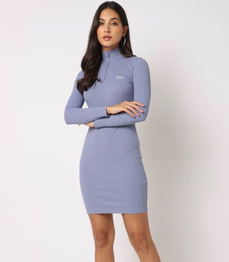 Trends women's Blue Long Sleeve Ribbed Mini Dress