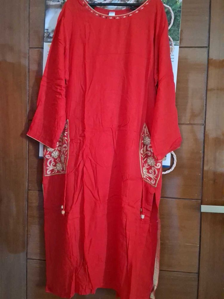 Vibrant Red Embroidered Kurta