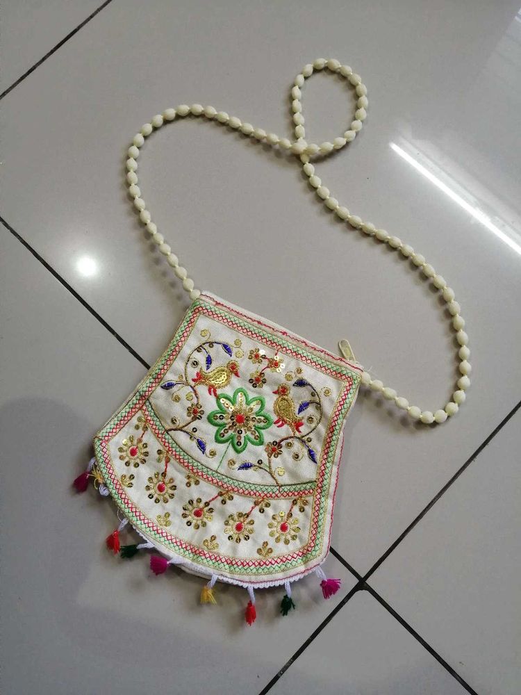 Embroidered Pouch with Beaded Strap