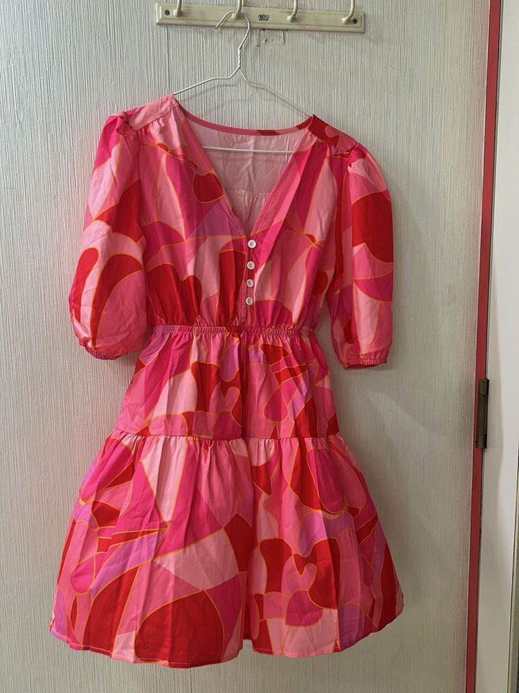 Vibrant Pink &amp; Red Abstract Print Dress