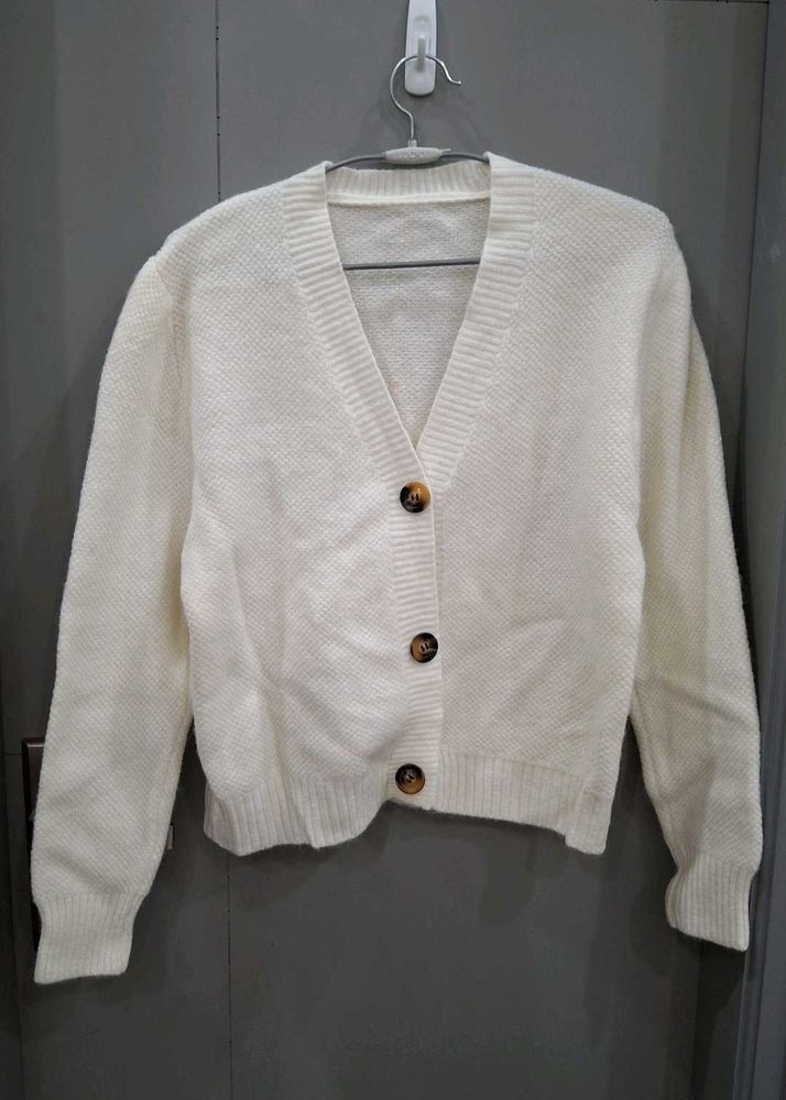 Cream V-Neck Button-Up Knit Cardigan