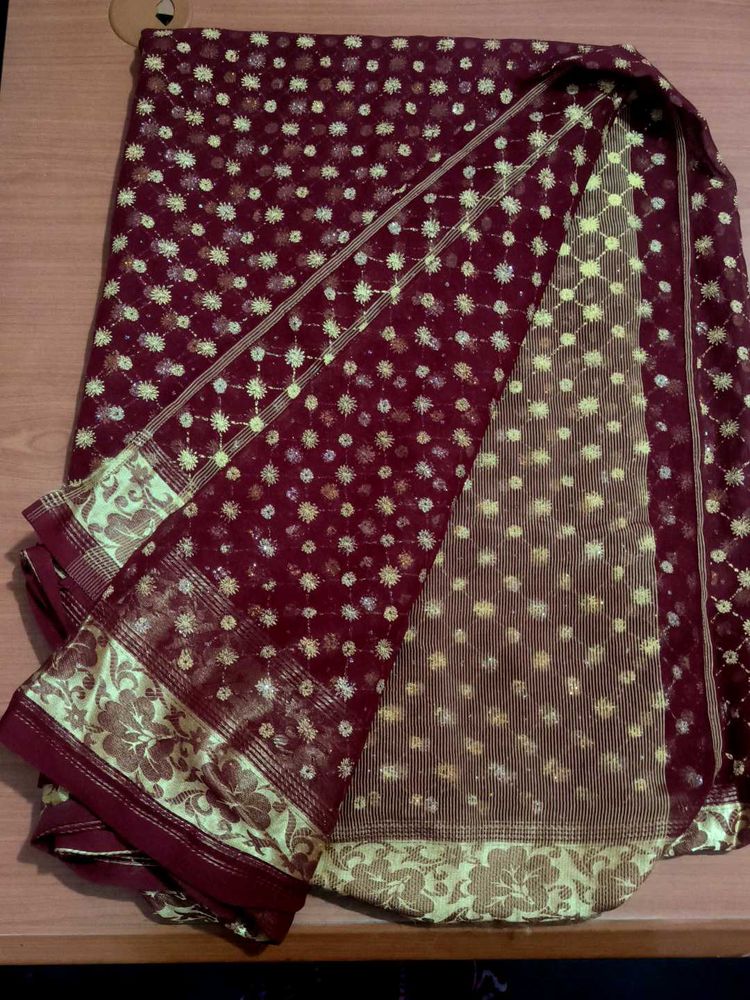 Elegant Burgundy Saree with Golden Floral Border