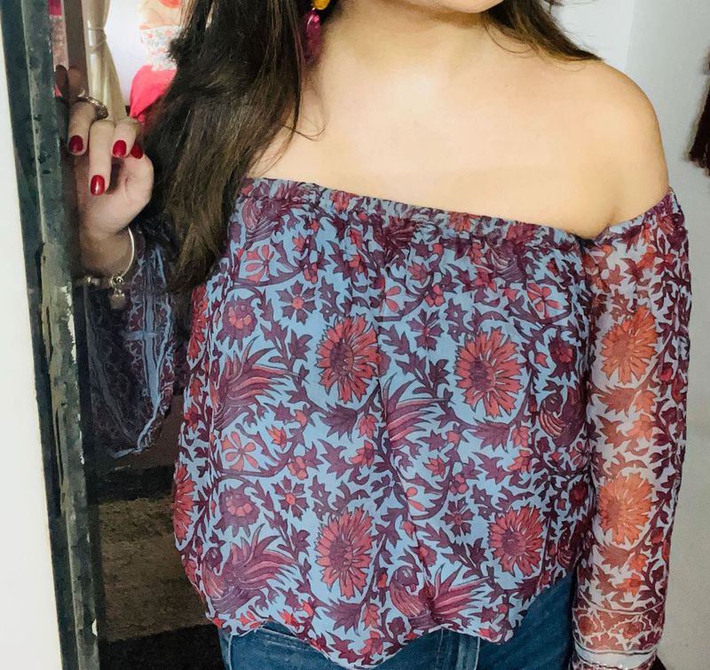 Label Ritu Kumar Sheer Floral off shoulder Top