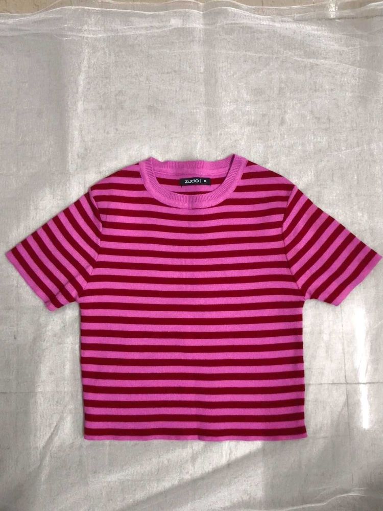 Pink &amp; Red Striped Cropped Top