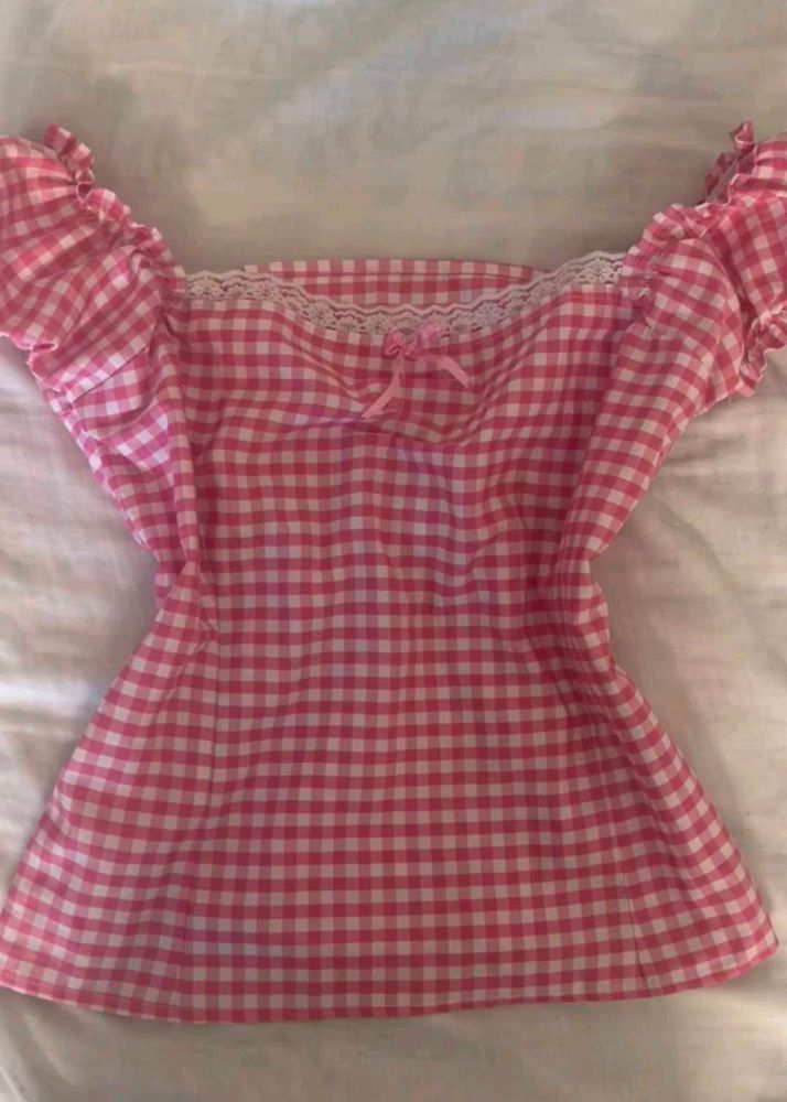 Fitted Whimsy Cute Pink Gingham Off-Shoulder Top