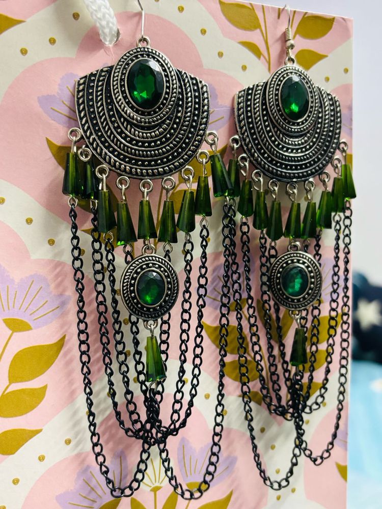 Green Stone Ethnic Dangle Earrings