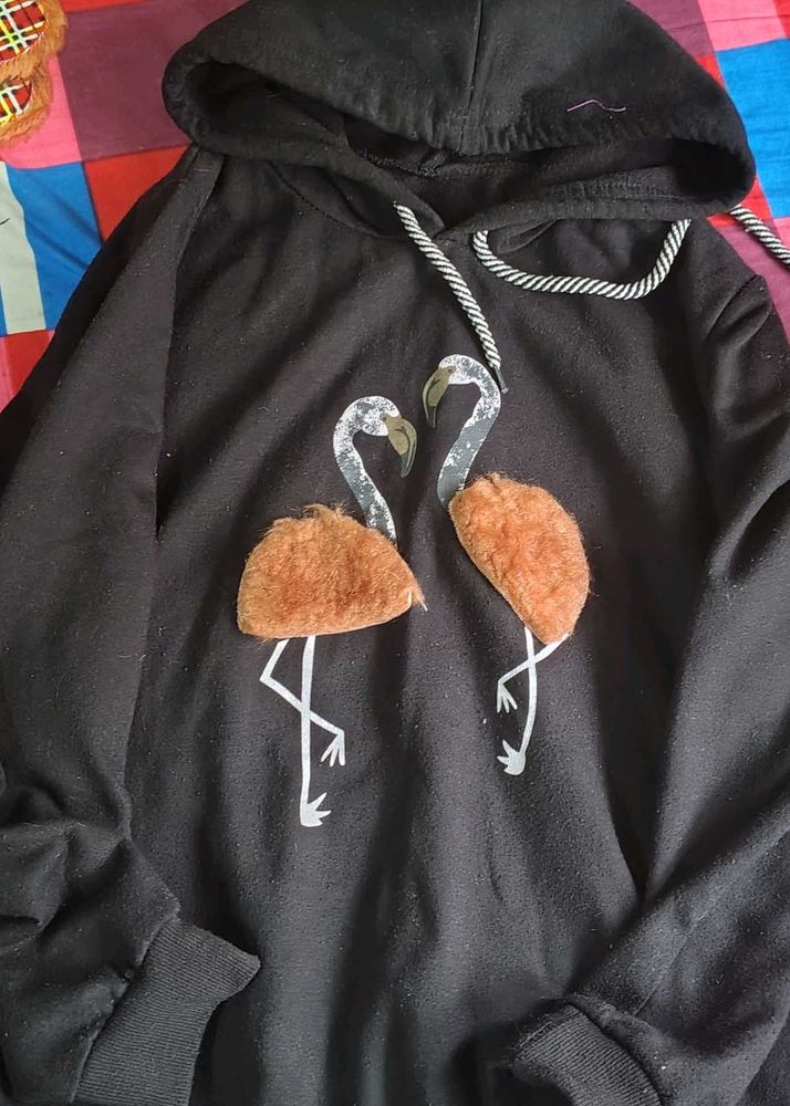Black Hoodie with Flamingo Detail