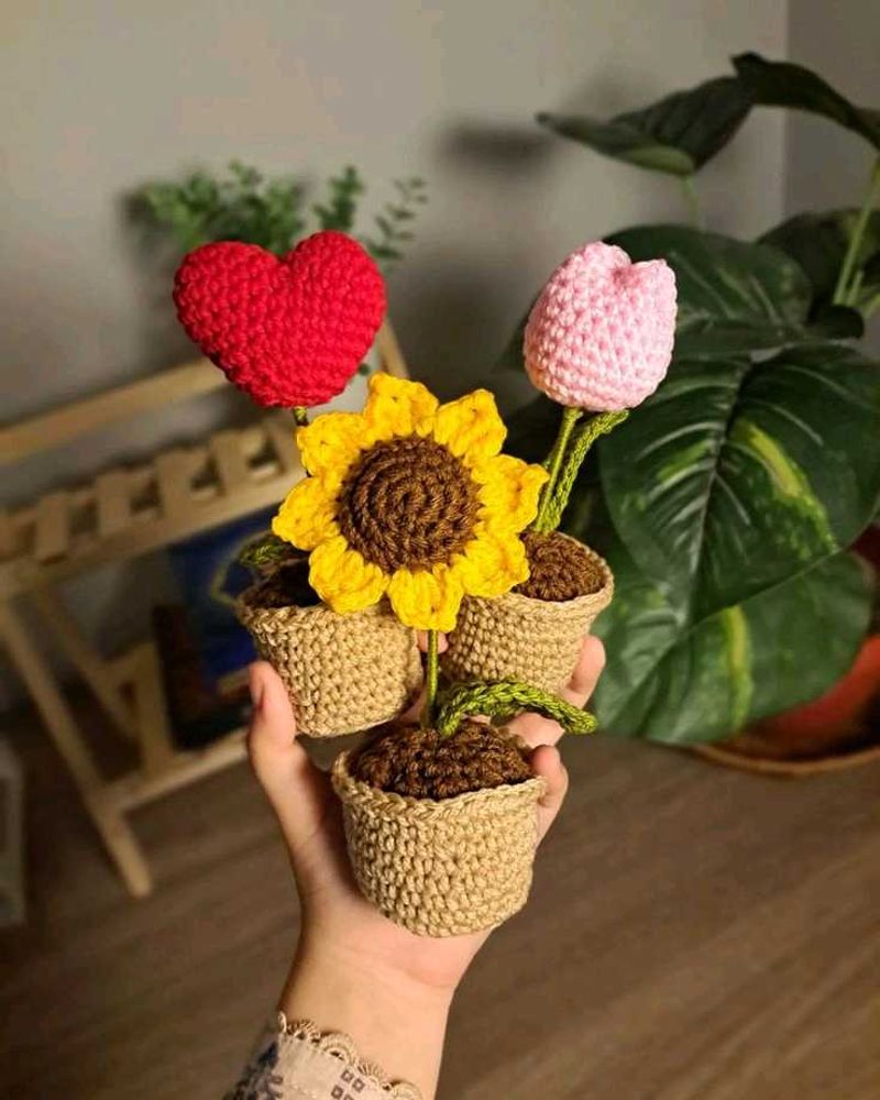Crocheted Potted Flowers &amp; Heart