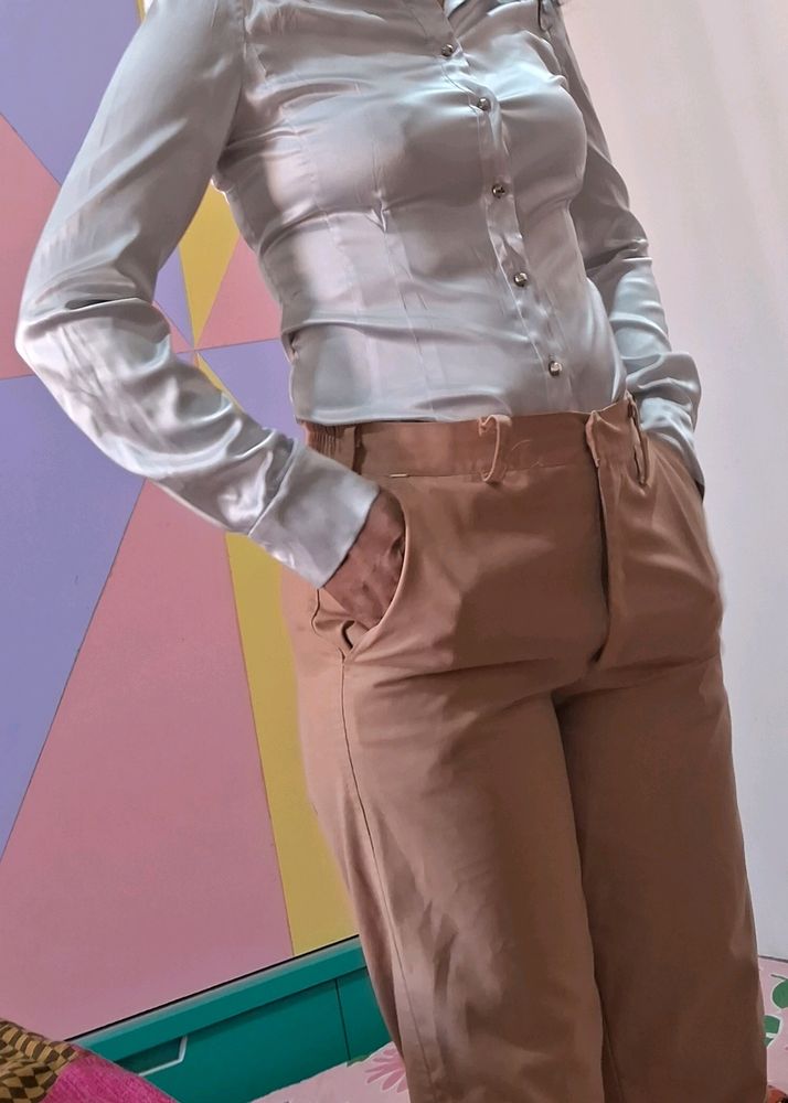 Greyish/ Light Blueish Satin Shirt For Slim Girls