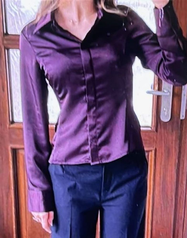 Sleek dark Violet Satin Button-Up Shirt