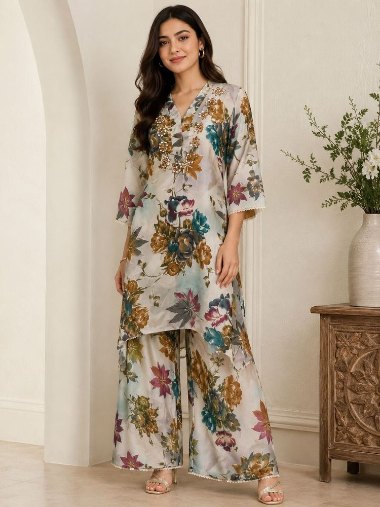 Elegant Floral Print Kurti with Palazzo Pants