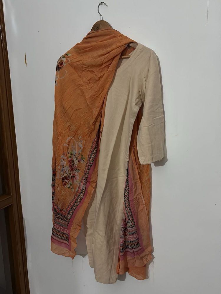 Elegant Cream Kurta with Floral Dupatta