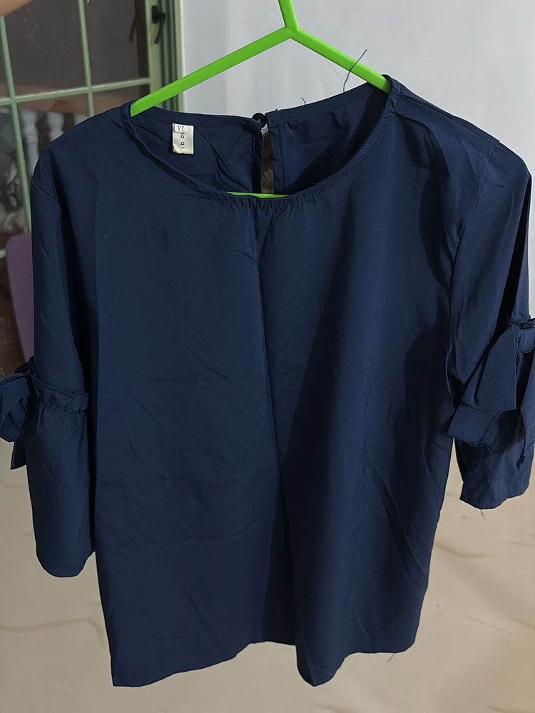 Navy Blue Bow Sleeve Blouse