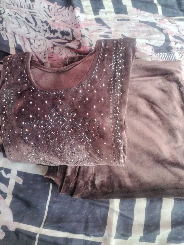 Embellished Brown Velvet Kurta Set