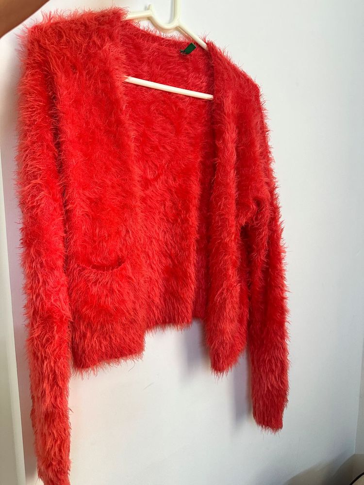 Red Fuzzy Knit Cardigan