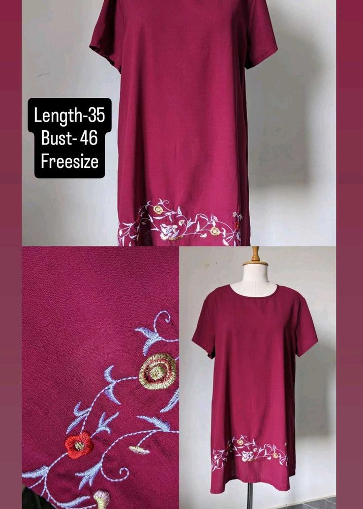 Maroon Embroidered Short Dress