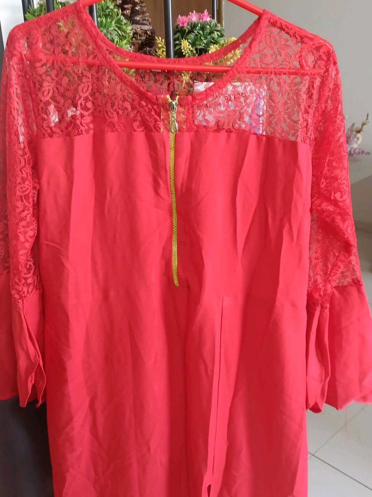 Red Lace Sleeve Kurta