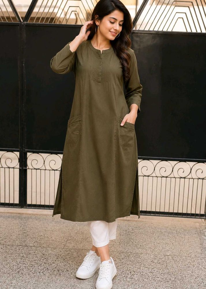 Posh India Premium Olive Green Cotton Kurta | Bran