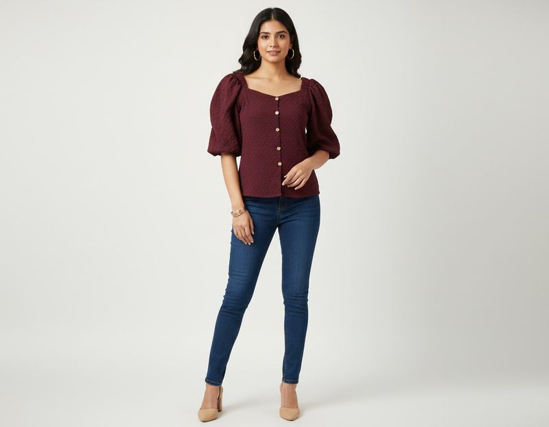 Vine Color Burgundy Puff Sleeve Top