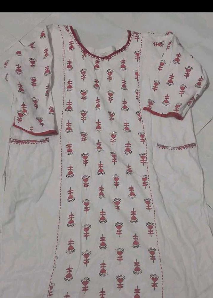 White &amp; Pink Block Print Kurta