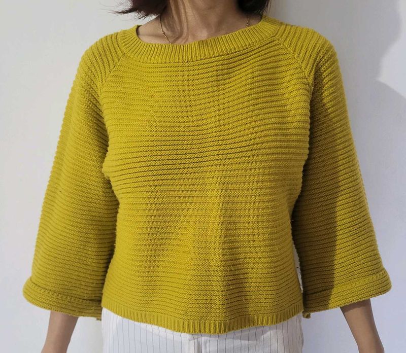 Yellow Ribbed Knit Cropped Sweater