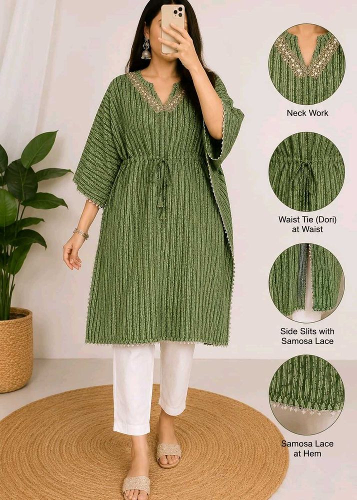 Green Striped Kaftan Kurta with Embellished Neck