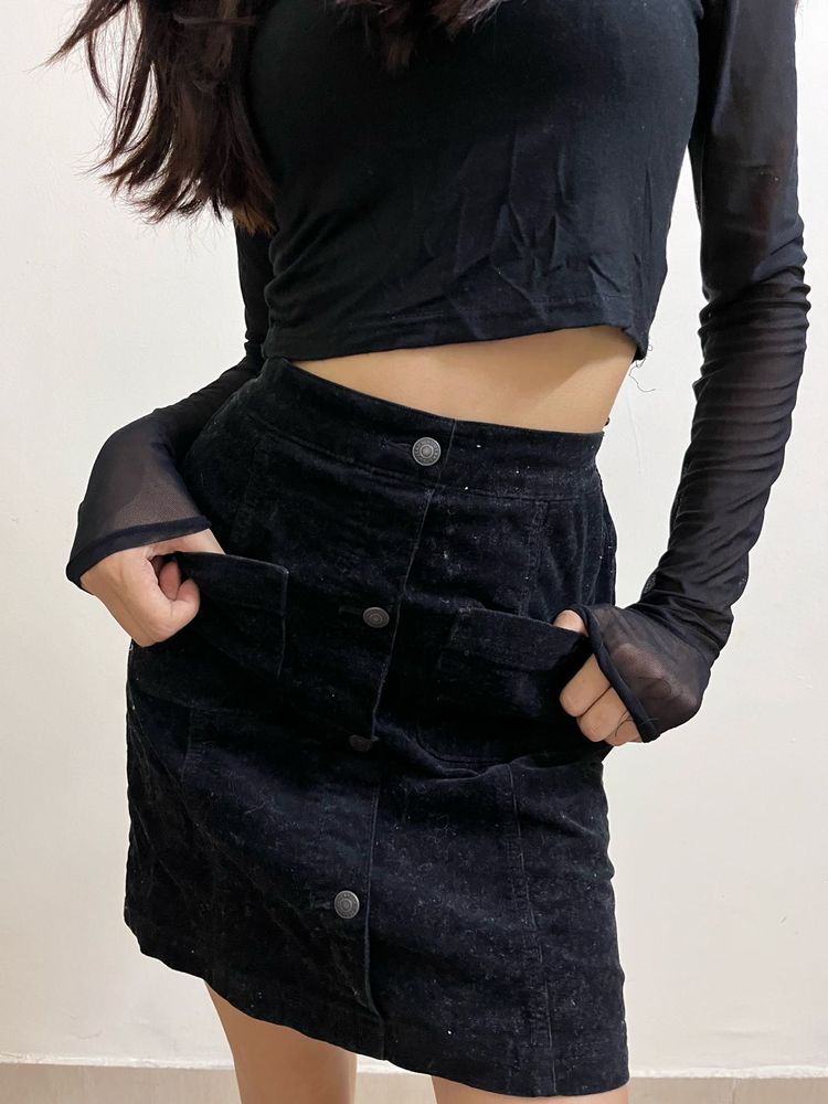 Black Button-Front Mini Skirt with Patch Pockets