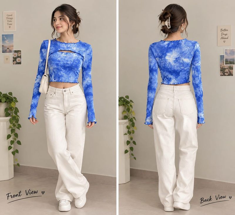 Blue Tie-Dye Cut-Out Long Sleeve Top