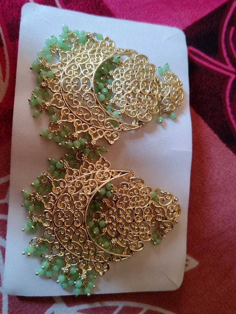 Stunning Gold-toned Earrings with Green Beads