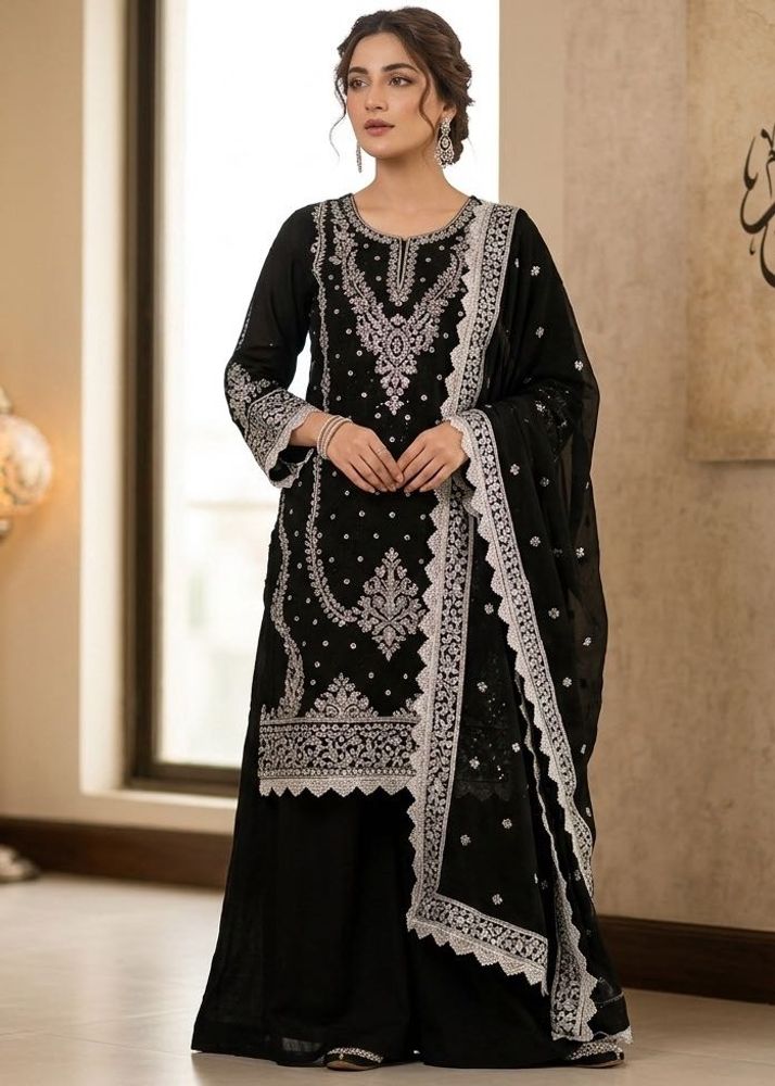 Elegant Black Embroidery Kurta Set with Wide-Leg